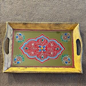 Handcrafted Decorative Tray with Red and Green Accents